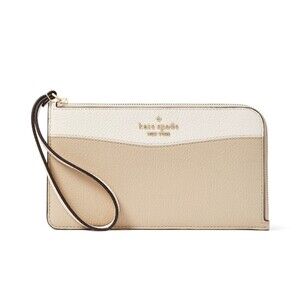 New Kate Spade Lucy Colorblock Pebbled Leather Medium L-zip Wristlet Light Sand